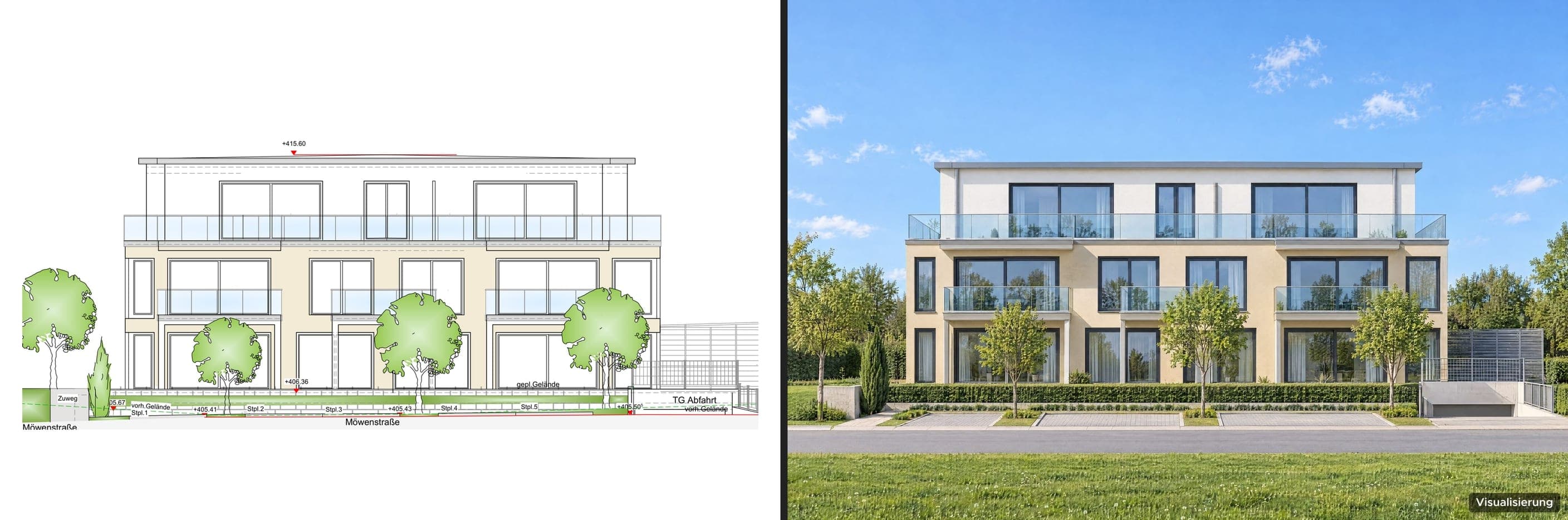 Links die Südansicht eines Mehrfamilienhauses aus dem Bauplan, rechts die daraus erzeugte Visualisierung